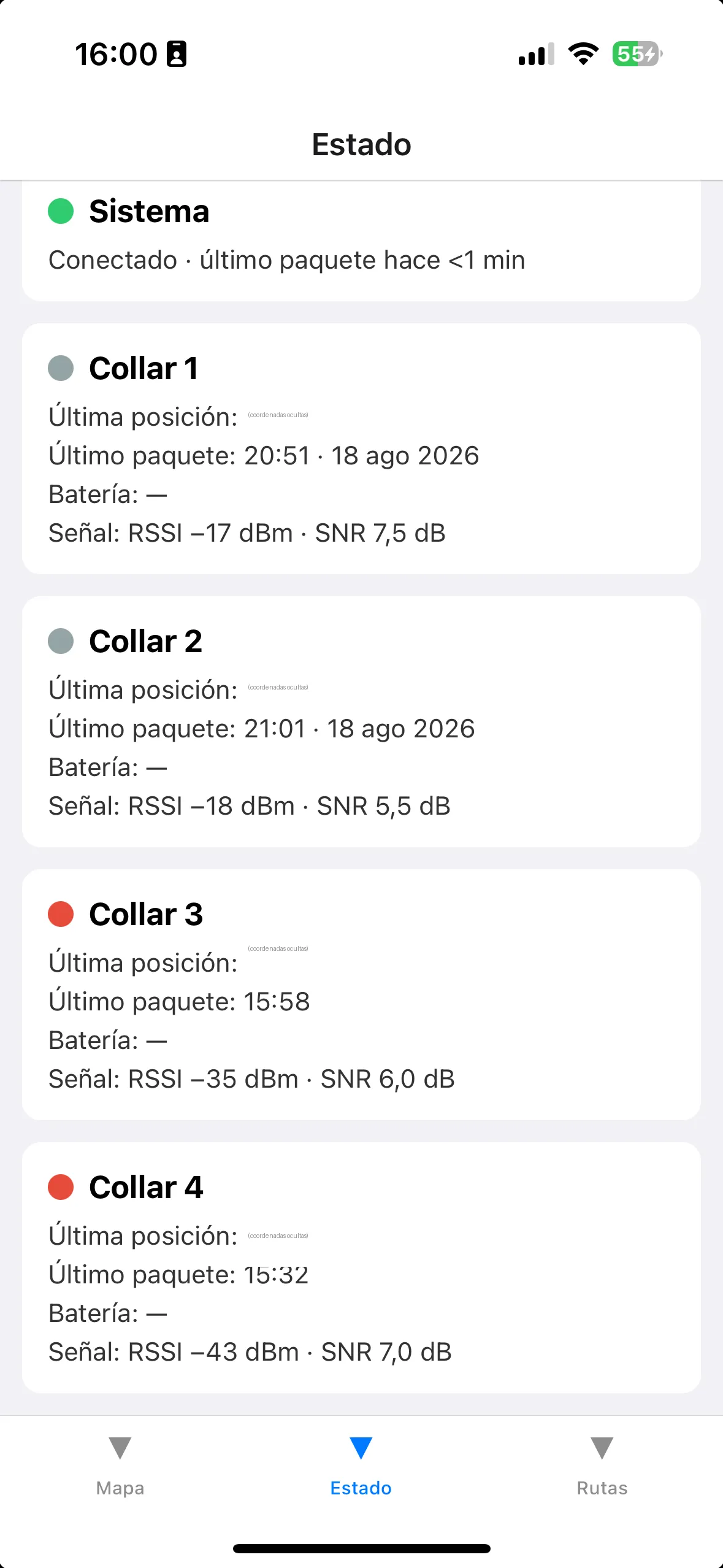 Pantalla Estado de la app: último paquete, señal y batería por collar