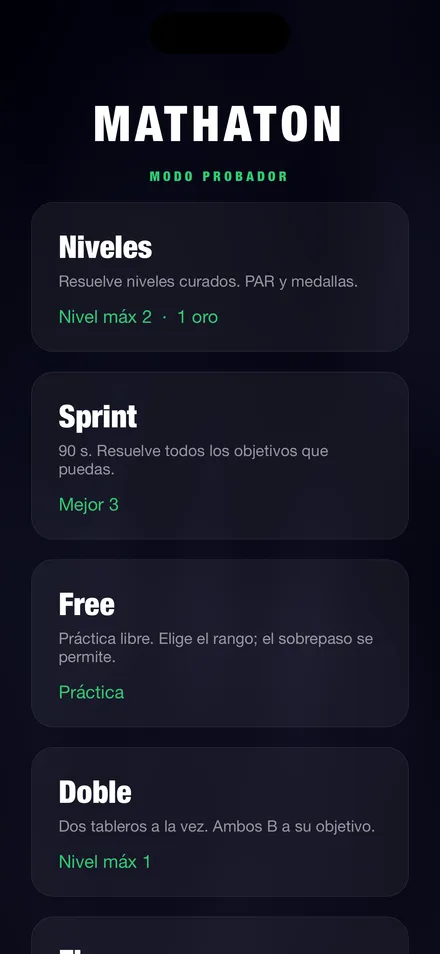 Menú principal con los modos: Niveles, Sprint, Free y Doble