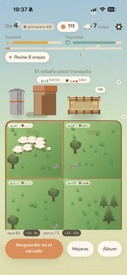 Tablero del juego: ovejas pastando en la dehesa cercada
