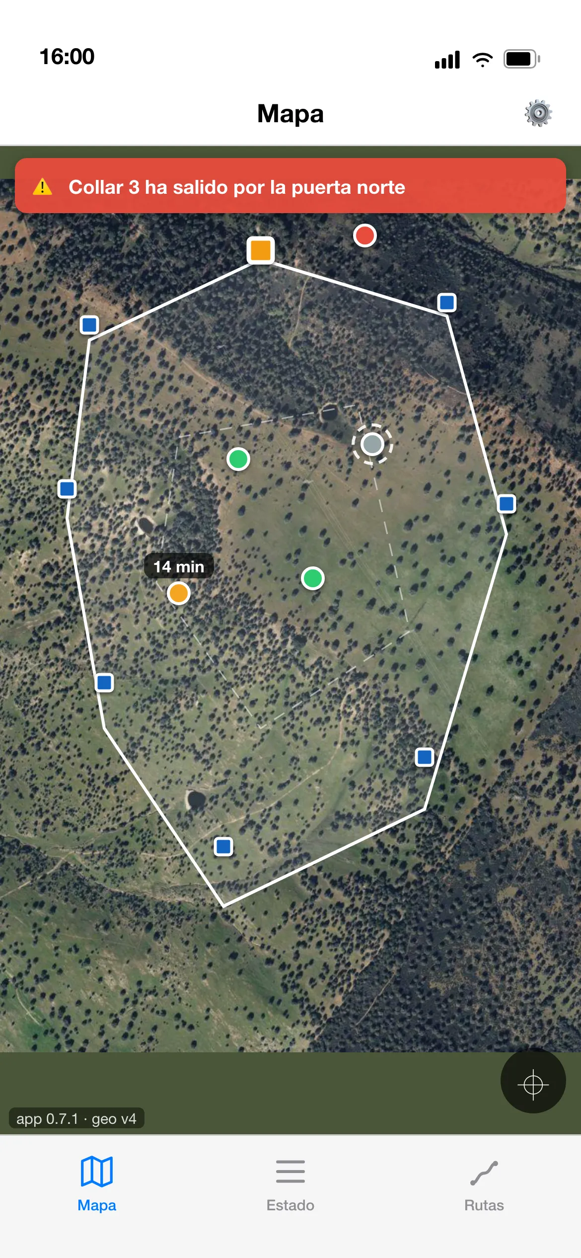 Vista recreada del mapa: el rebaño y el perímetro de la finca con sus puertas