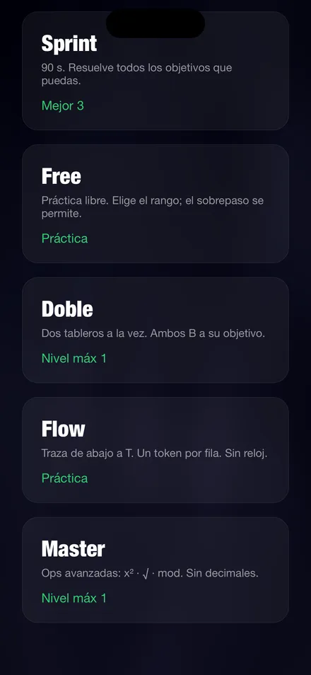 Lista de modos con sus reglas: Sprint, Doble, Flow, Master