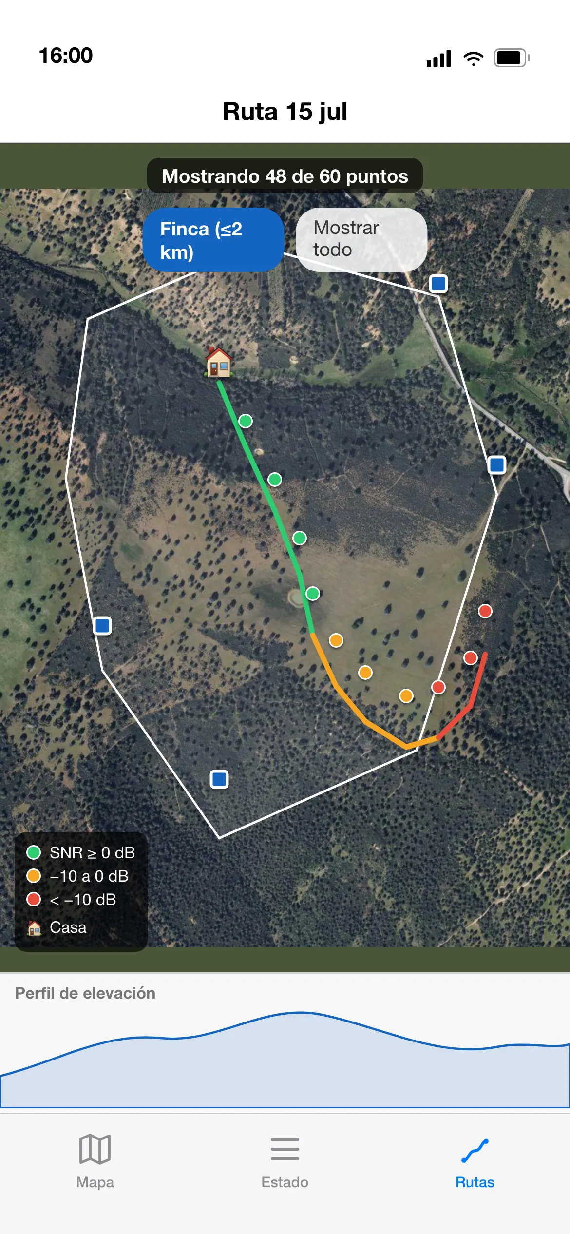 Vista recreada de una ruta: recorrido coloreado por la calidad de señal