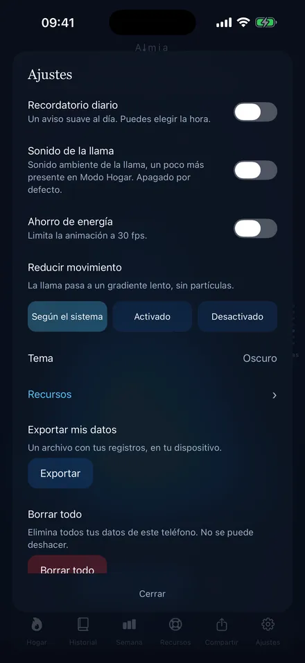 Ajustes: sonido, animación, tema y exportar o borrar datos