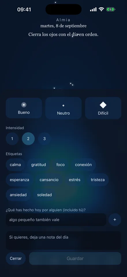 Check-in del día: estado, intensidad y etiquetas de ánimo