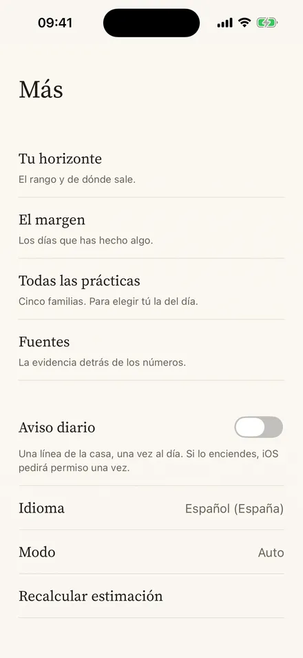 Menú Más: horizonte, prácticas, fuentes y ajustes