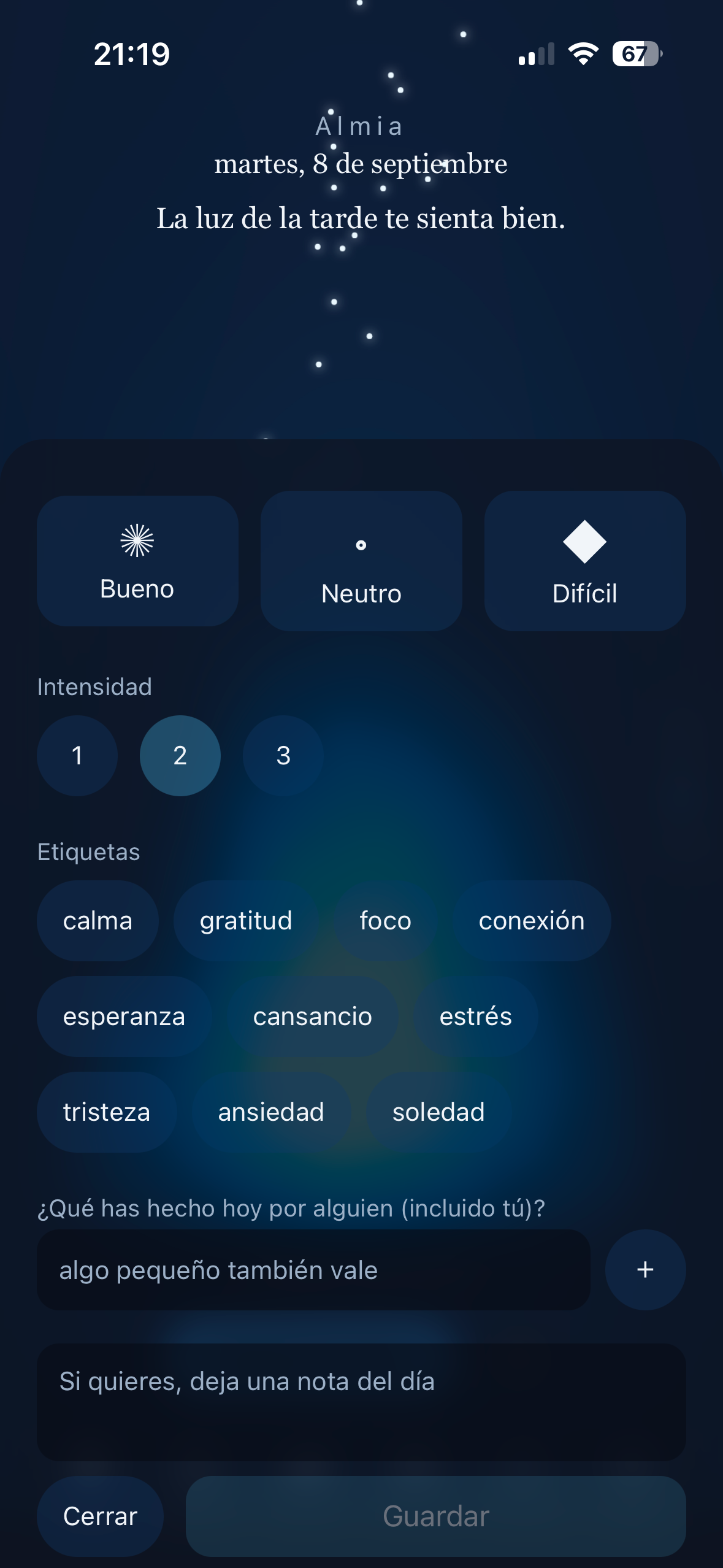 Check-in del día: estado, intensidad, etiquetas y una nota