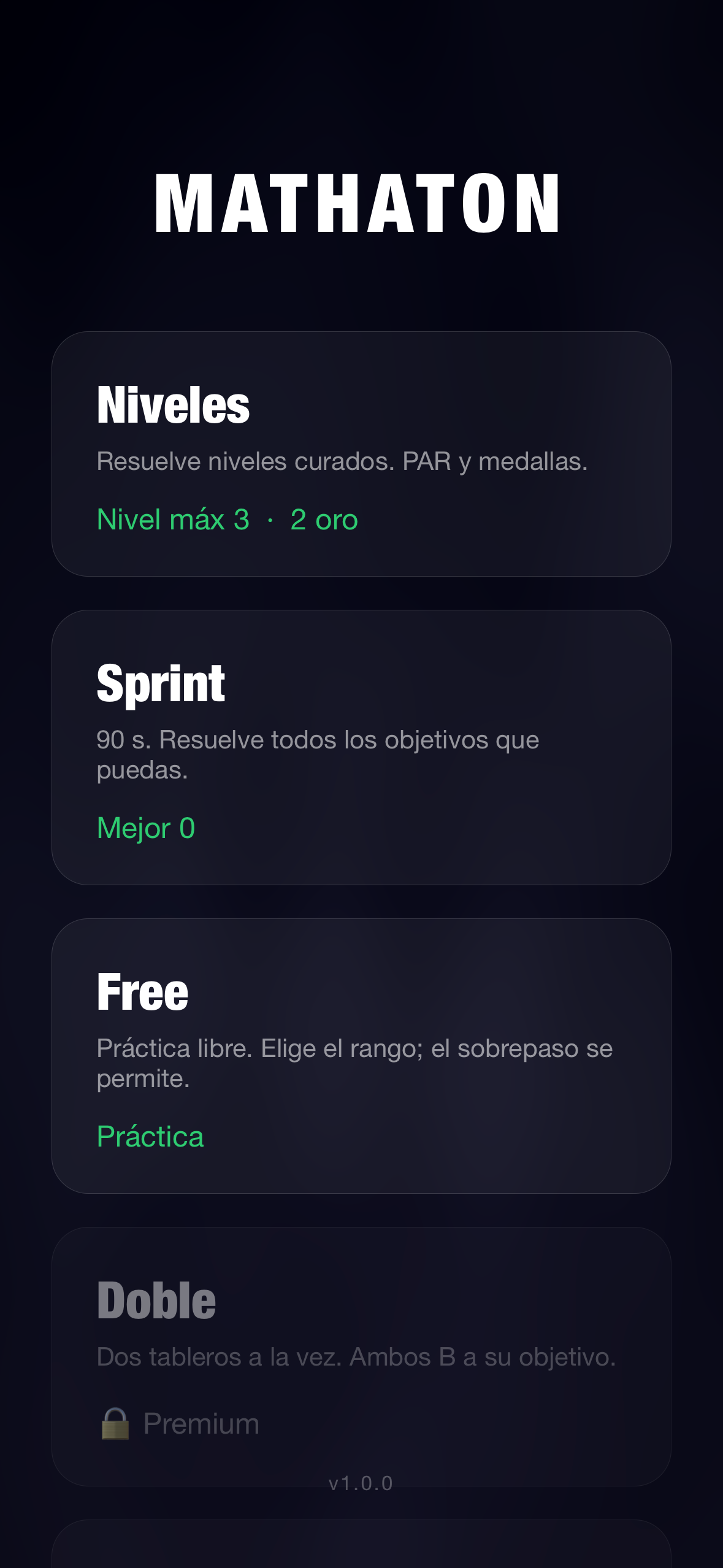 Menú principal con los modos: Niveles, Sprint, Free y Doble
