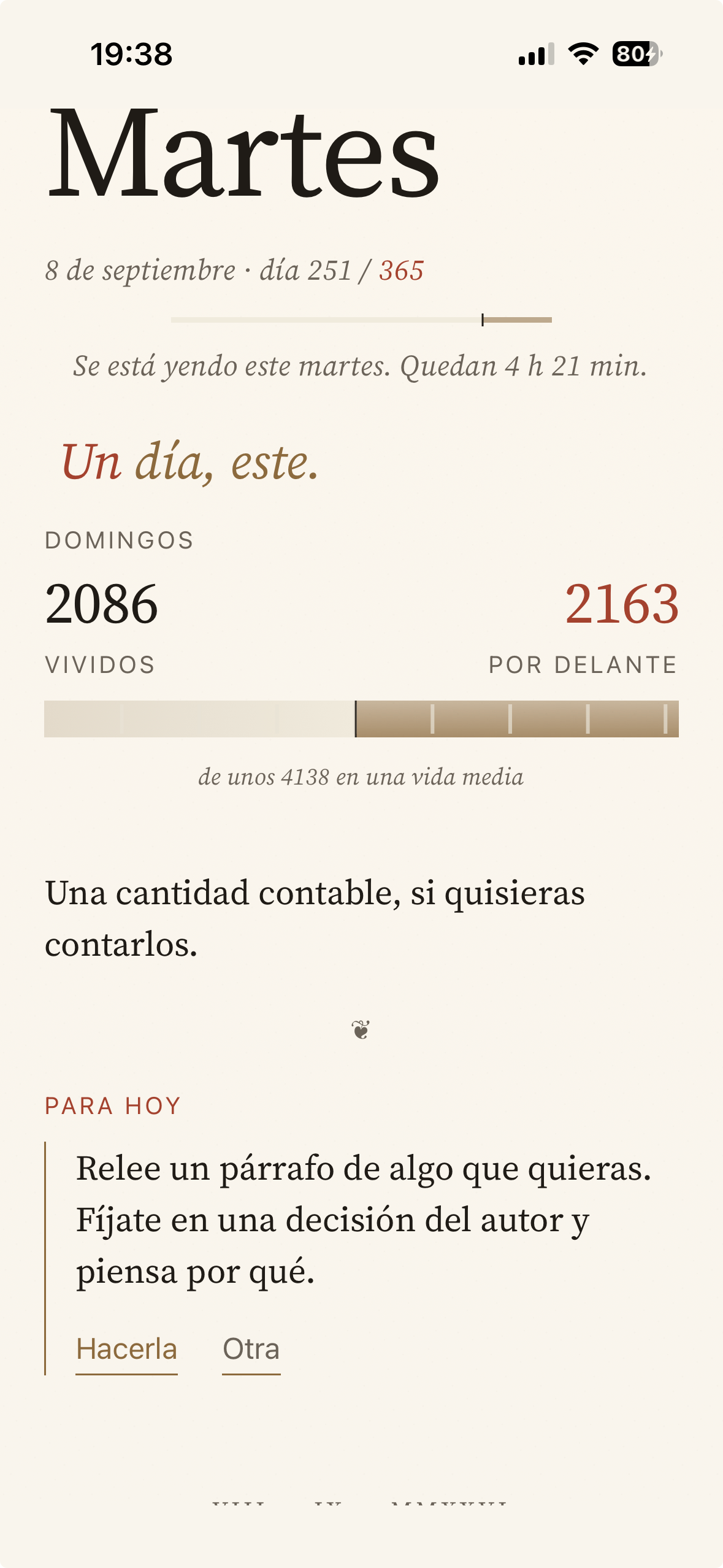 El día actual con domingos vividos y la práctica de hoy