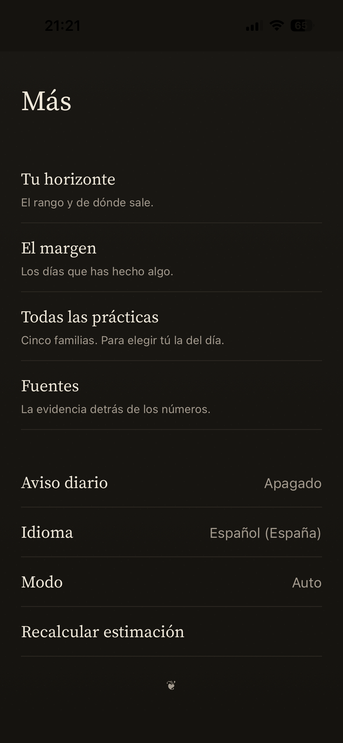 Menú Más: horizonte, prácticas, fuentes y ajustes